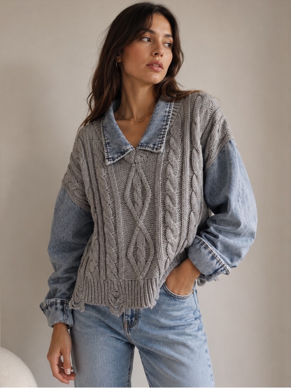 VICI Mixed Media Denim Cable Knit Sweater Gray Collared Oversized Scandi Sz S